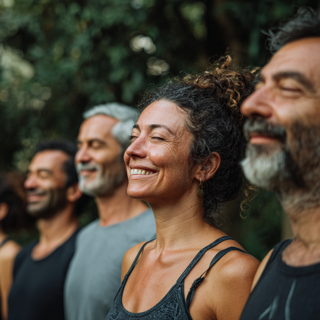 Grupo diversificado de adultos portugueses a praticar yoga num ambiente sereno e natural